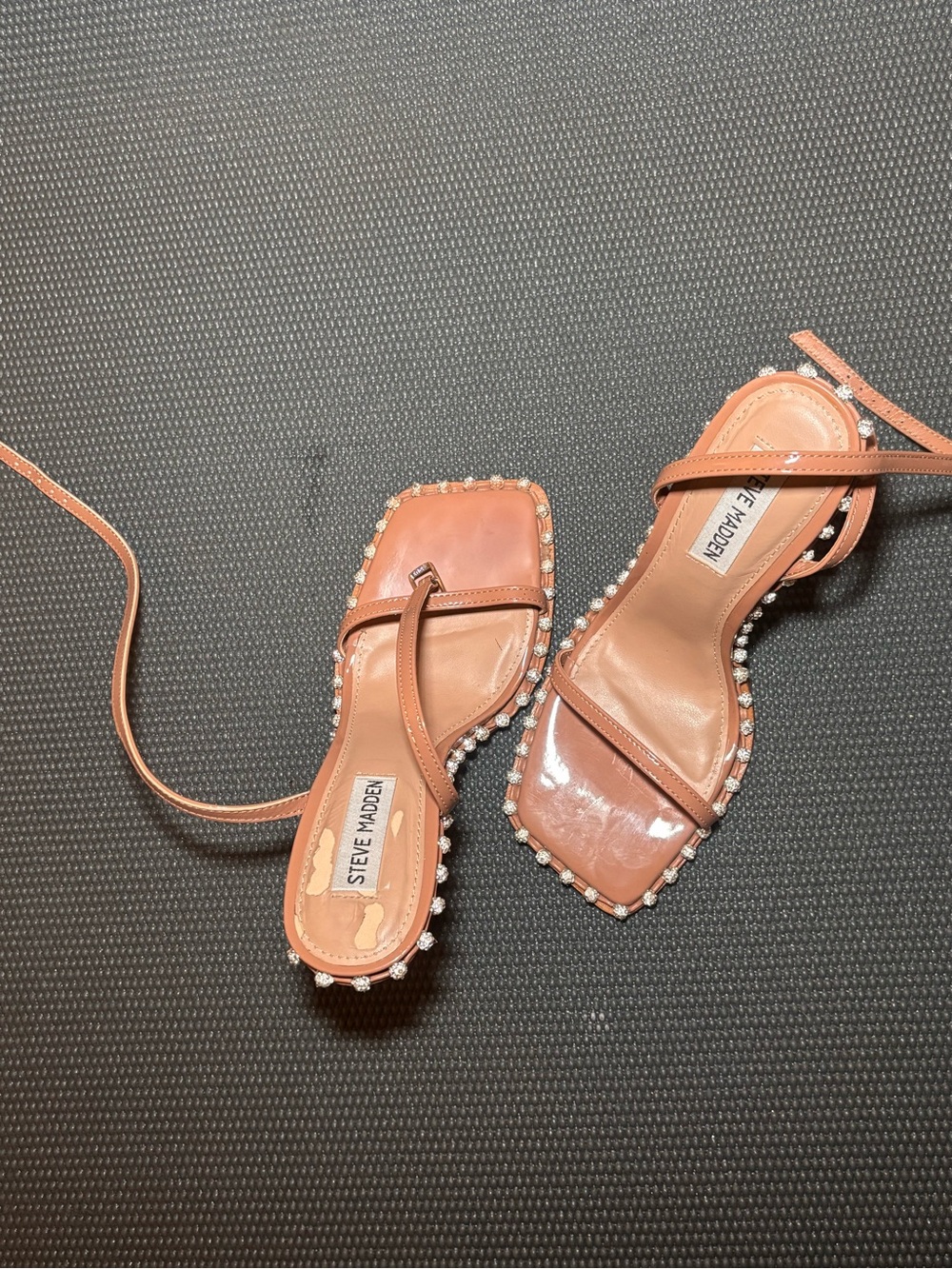 Steve Madden Coral Patent Pearl-Trim Square-Toe Sandals with Ankle Tie